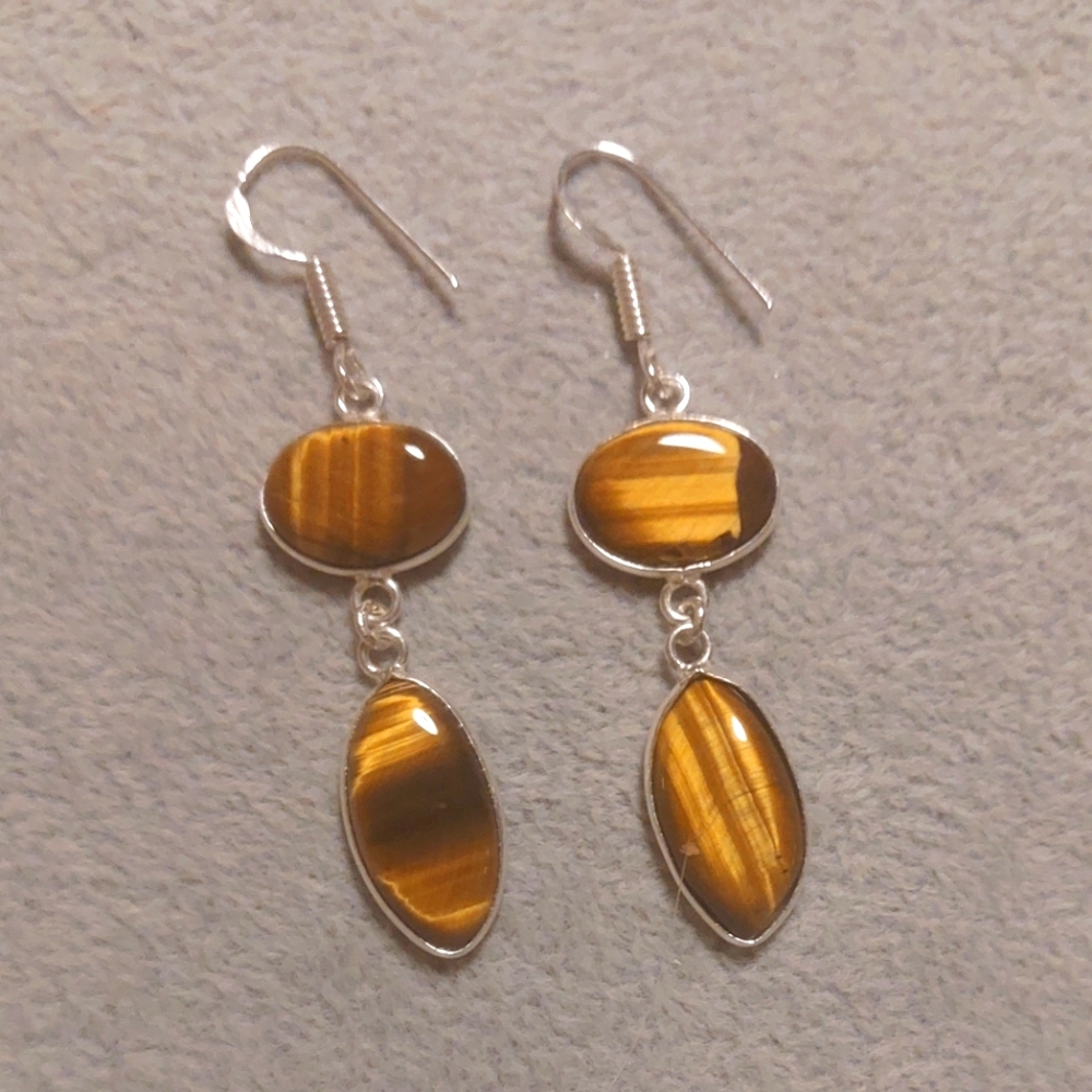 Double Stone Tiger Eye Dangle Earrings